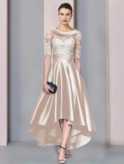 A-shaped Bride Mom Dress Wedding Guests Elegant and Generous High and Low Spoon Neck Asymmetric Tea Length Satin Lace Ribbon Applique