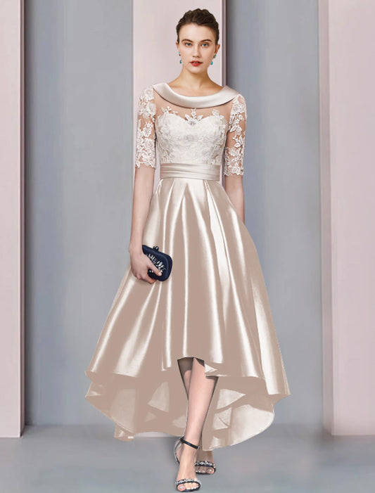A-shaped Bride Mom Dress Wedding Guests Elegant and Generous High and Low Spoon Neck Asymmetric Tea Length Satin Lace Ribbon Applique