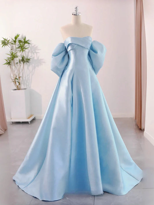 A-Line Sweetheart Neck Satin Blue Long Evening Dress  Blue Long Formal Dress
