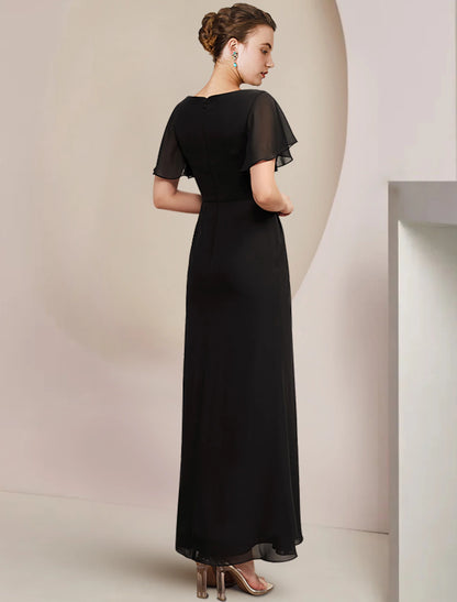 Pillar set bride mother dress wedding guests dignified and atmospheric low round neck and ankle chiffon short sleeves with crystal brooches
