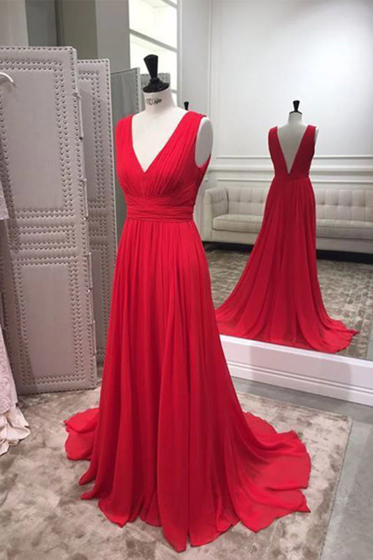 Simple red v neck chiffon long prom dress red prom dress