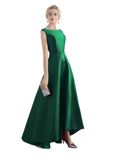 A-line Evening Dress Wedding Guest Party Asymmetric Sleeveless Jewel Neck Satin Fashion