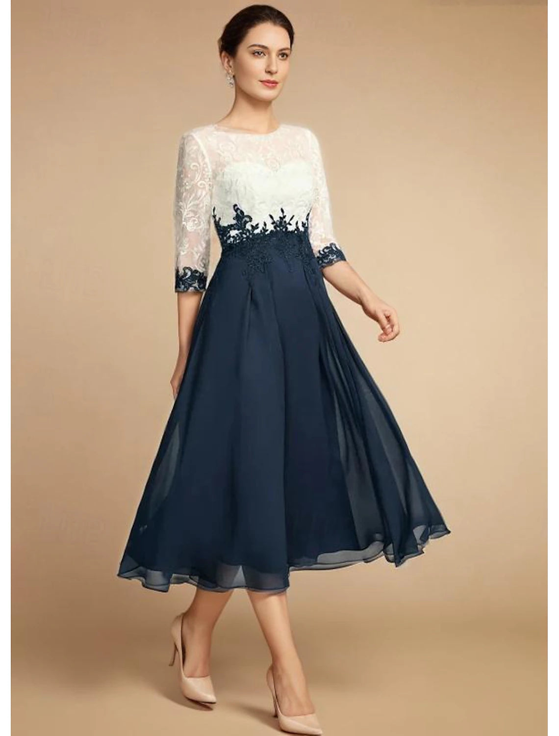 A-line Wedding Guest Elegant Dress Vintage Gem Neck Chiffon Lace Half Sleeve Lace Sticker Color Block Mom Dress