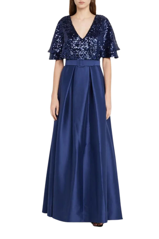 Badgley Mischka Flutter-Sleeve Pleated V-Neck Sequin Mother of the Bride Dresses