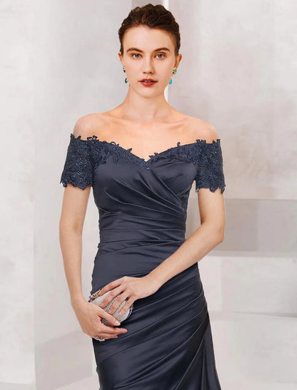 Mermaid Loudspeaker Bride Mom Dress Vintage High Grade Off Shoulder V-Neck To Floor Length Satin Short Sleeves Lace Ruffles