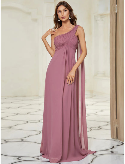 A-line generous and dignified evening dress imperial wedding formal banquet for guests and floor length sleeveless one shoulder bridesmaid dress chiffon open strap pleats