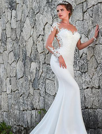 Engagement Backless Formal Wedding Dress Fishtail Horn Phantom Neck Long sleeved Lace Bridal Dress with Stickers