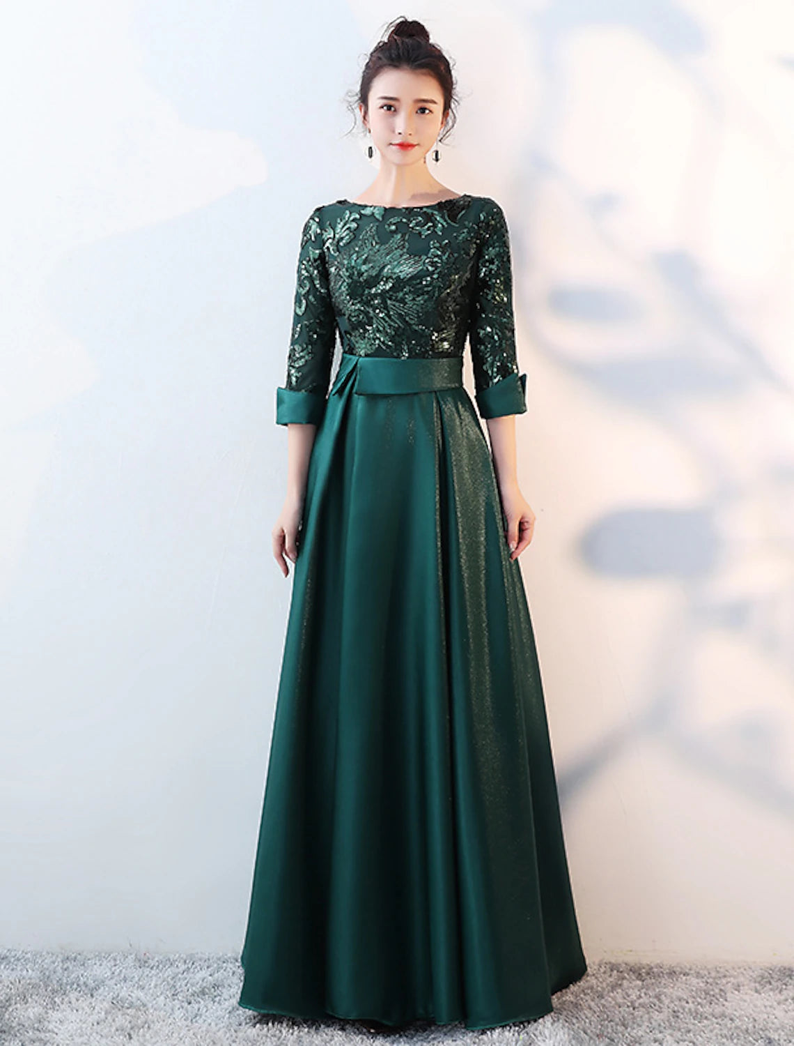 A-shaped Elegant Bridesmaid Dress with Jewel Neck Long Sleeves Beautiful Back Floor to Floor Length Satin sheer sequin ribbons pleats