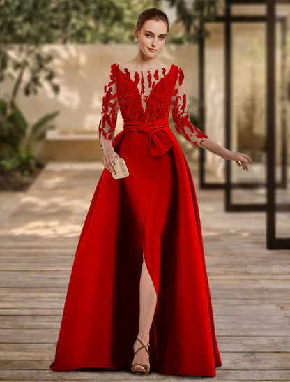 A-line backless evening dress formal wedding guests floor length 3/4 long sleeved low round neckline lace with slit and tie up