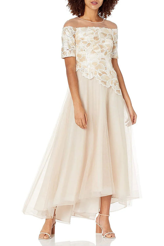 Crew Neck Illusion Short Sleeve Embroidered Sequined Zipper Back A-Line High Low Hem Mesh Mother of the Bride