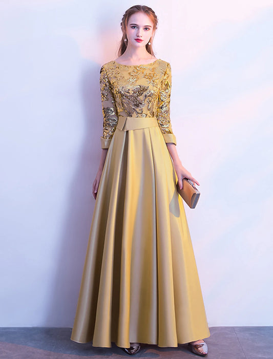 A-shaped Elegant Bridesmaid Dress with Jewel Neck Long Sleeves Beautiful Back Floor to Floor Length Satin sheer sequin ribbons pleats