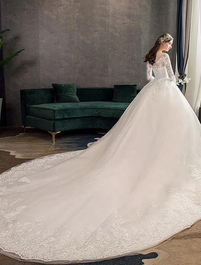 Engagement formal wedding ball dress Phantom collar long sleeved lace bridal dress with pleated stickers