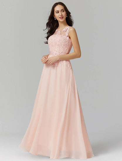 A-line Evening Dress Elegant Decal Dress Wedding Guest Ball and Floor Length Sleeveless Perspective Collar Bridesmaid Dress Georgette