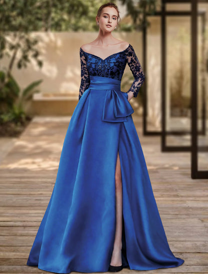 Tight column style evening dress with high slit for formal wedding guests broomstick tail&nbsp; 3/4 long sleeved off shoulder soft satin with bow slit