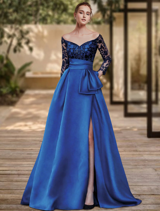 Tight column style evening dress with high slit for formal wedding guests broomstick tail&nbsp; 3/4 long sleeved off shoulder soft satin with bow slit