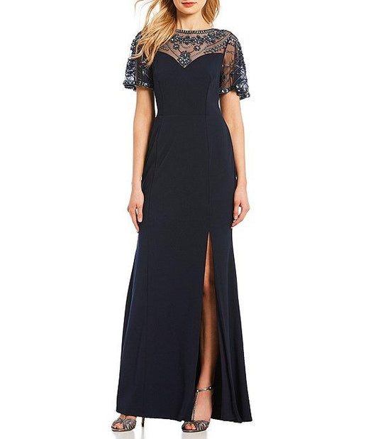 V-Neck Long Sleeve Embellished Waist Box Pleat Zipper Back Crepe Mother of the Bride Dresses