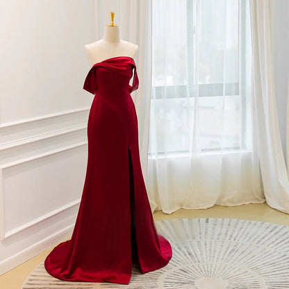 Off Shoulder Burgundy Acetic High-slit Formal Evening Dresses Long
