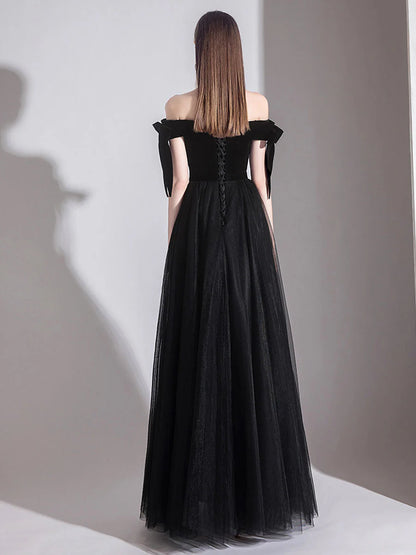 Simple black off shoulder tulle long Evening dress black evening dress