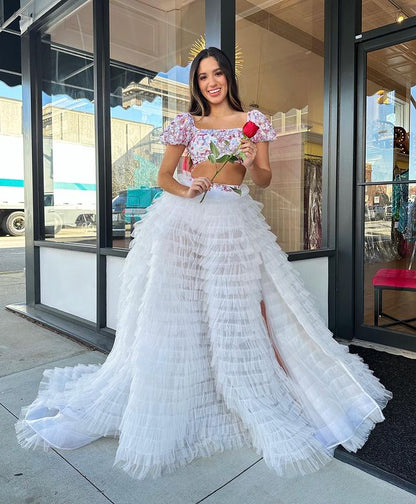Cute and sweet two-piece square fluffy sleeve layered long ball dress