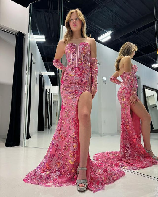Sexy strapless pink front slit simple and elegant long ball dress