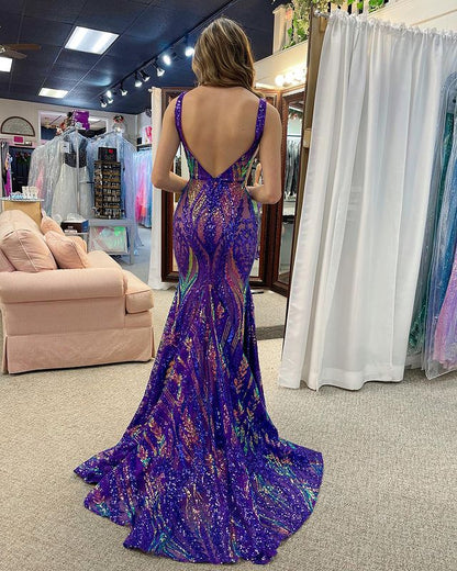 Sexy small mermaid sequin ball dress with V-neck sweep collar hem