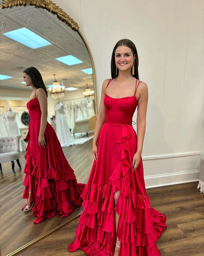 Sexy and elegant side slit long spaghetti strap dance dress with fluffy straps