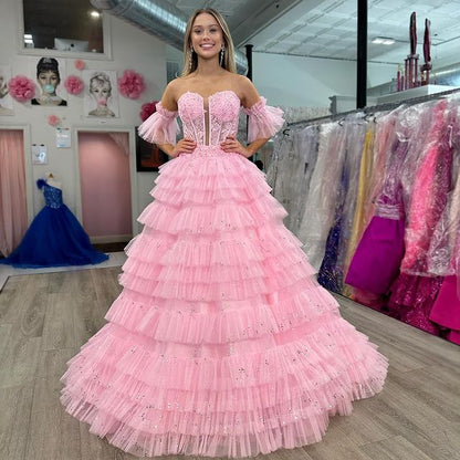 Sexy and elegant strapless sheer layered long ball dress