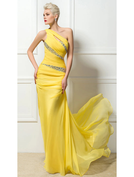 Tight Column Evening Dress Sexy Wedding Engagement Big Swing Tail Sleeveless One Shoulder 30D Chiffon Open Back Strap Folded Crystal Sequins