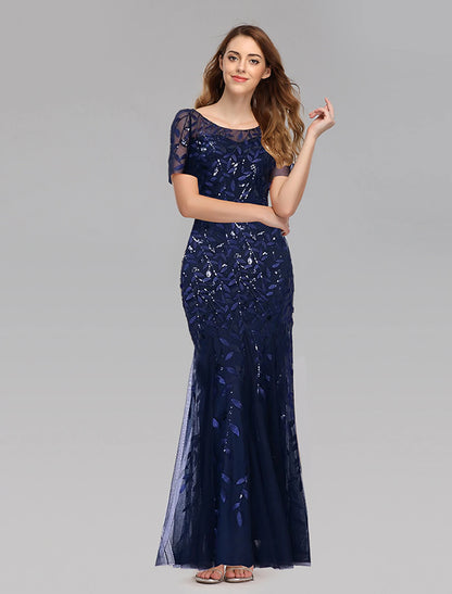 Mermaid Evening Dress Ball and Floor Length Short sleeved Jewelry Collar Autumn Wedding Guests Embroidered Thin Gauze