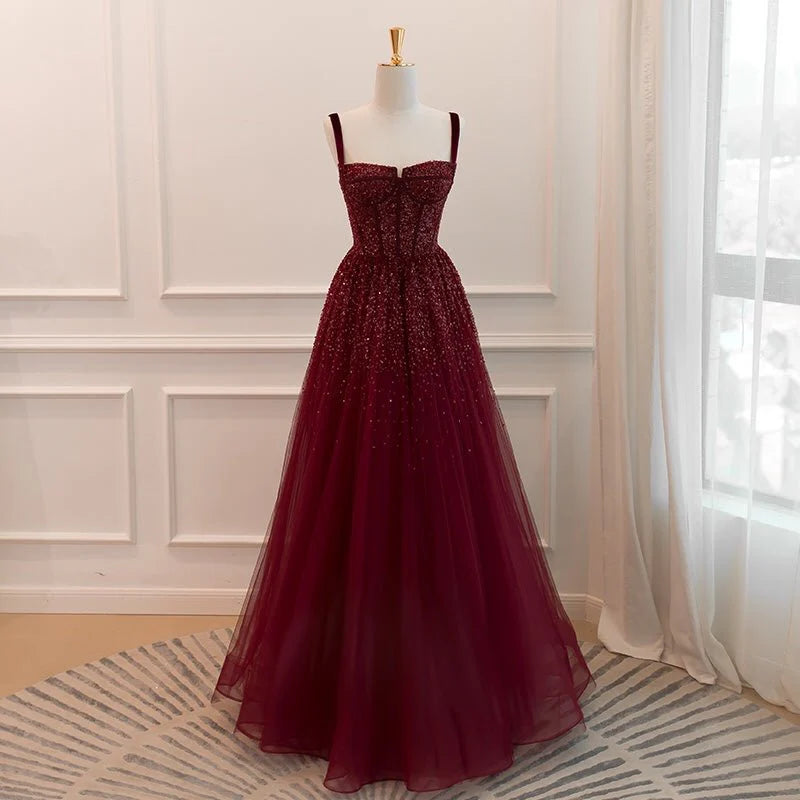 Gothic Burgundy Spaghetti Straps Beaded Formal Dress Evening Dresses