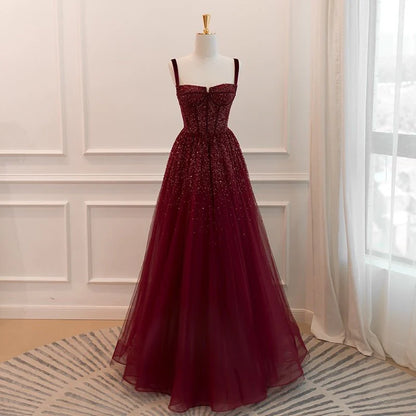 Gothic Burgundy Spaghetti Straps Beaded Formal Dress Evening Dresses