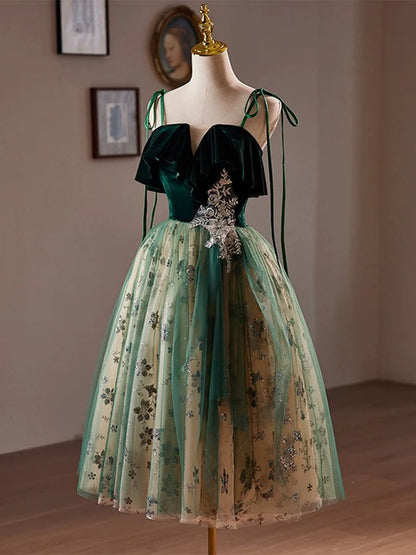 A-Line Tulle Sequin Velvet Green Short Homecoming Dress