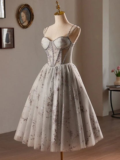 A-Line Sweetheart Neck Tulle Sequin Lace Gray Homecoming Dresses