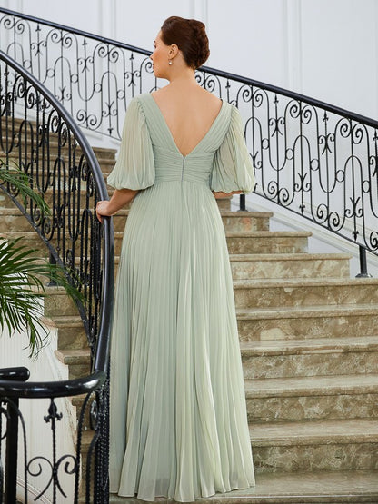 Princess Chiffon Pleated V-neck 1/2 Sleeve Floor length Bride Mother Dress