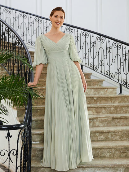Princess Chiffon Pleated V-neck 1/2 Sleeve Floor length Bride Mother Dress