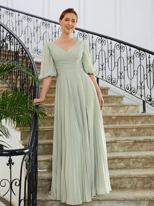Princess Chiffon Pleated V-neck 1/2 Sleeve Floor length Bride Mother Dress