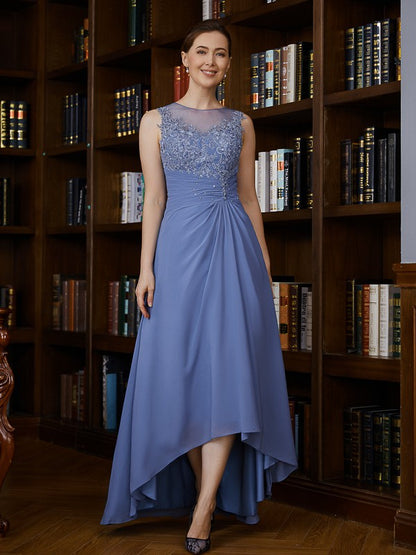 Chiffon Decal Round Neck Sleeveless Asymmetric Bride Mom Wedding Party Dress