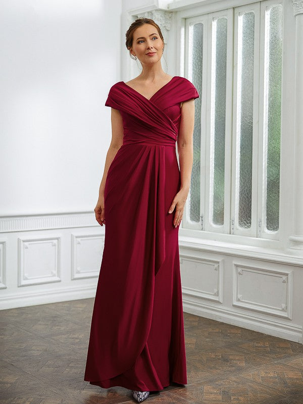 Thin gauze knitted pleated V-neck short sleeved and floor length bridal mother dress
