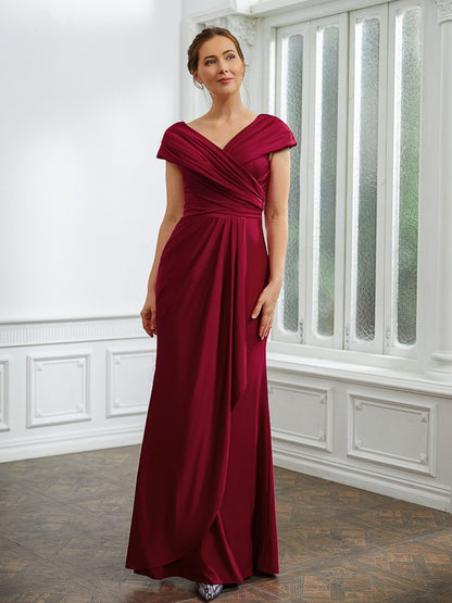 Thin gauze knitted pleated V-neck short sleeved and floor length bridal mother dress