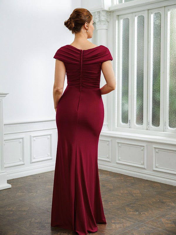 Thin gauze knitted pleated V-neck short sleeved and floor length bridal mother dress