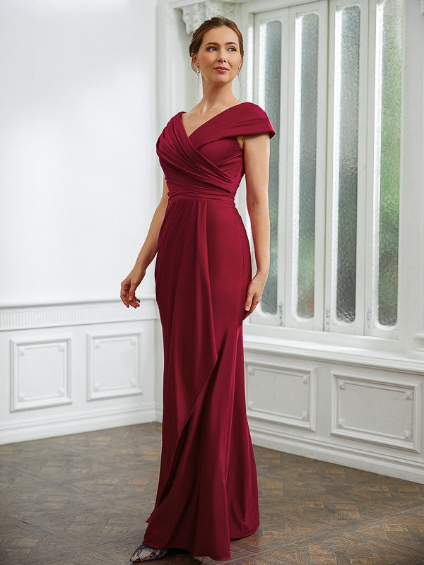 Thin gauze knitted pleated V-neck short sleeved and floor length bridal mother dress