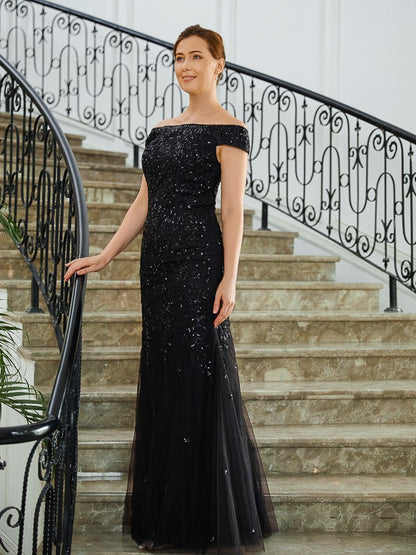 Thin gauze cylindrical thin gauze beaded off shoulder sleeveless and floor length bridal mother dress
