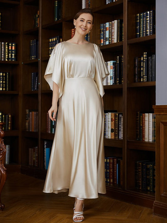 Princess style elegant satin pleated spoon shaped 1/2 sleeve ankle length bridal gown