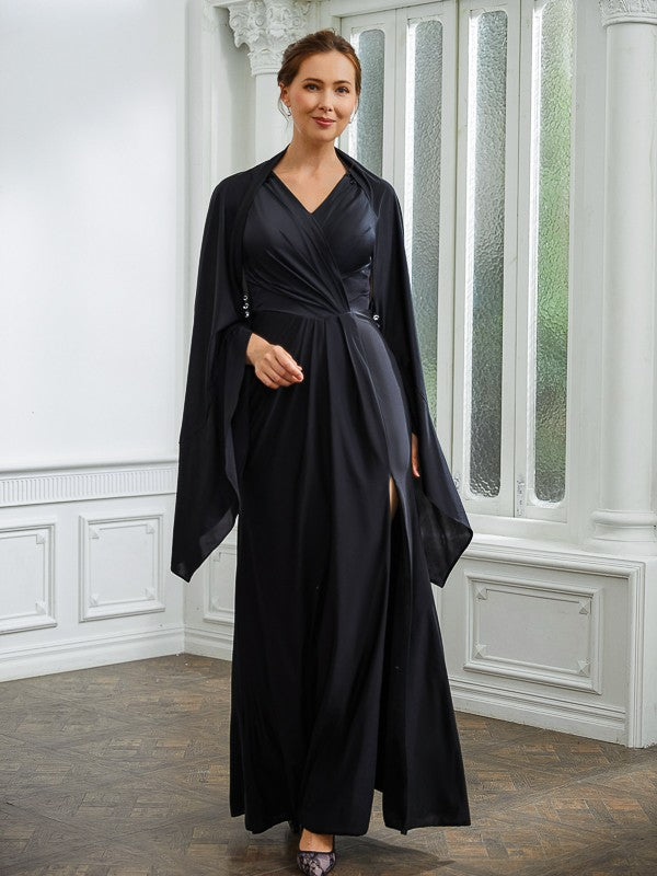 Thin gauze knitted pleated V-neck sleeveless floor length bride's mother's dress