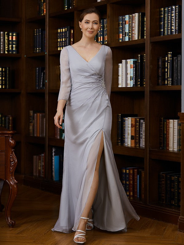 Skirt 30D Chiffon Beaded V-neck 3/4 Sleeve Floor length Bride Mom Dress