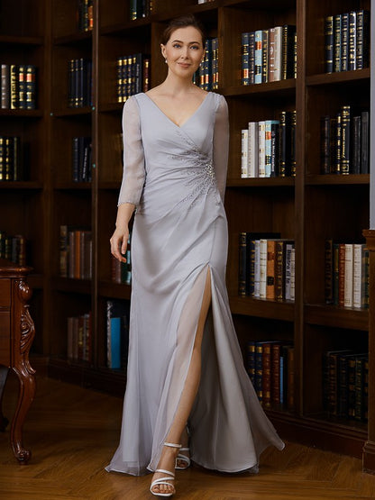 Skirt 30D Chiffon Beaded V-neck 3/4 Sleeve Floor length Bride Mom Dress