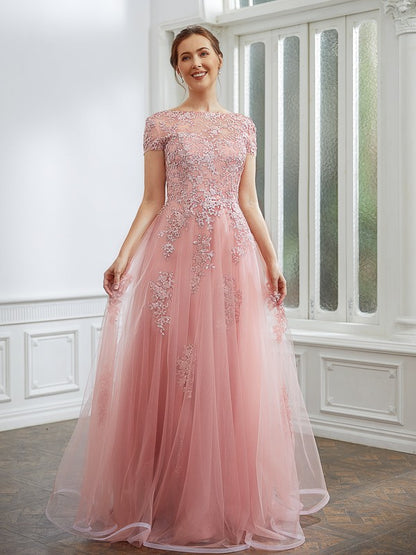 Elegant princess style chiffon applique boat shaped short sleeved and floor length dress