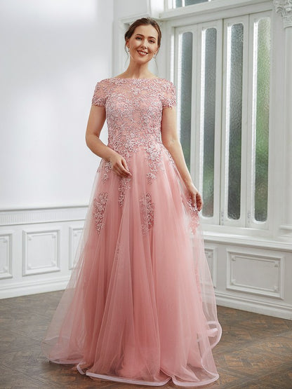 Elegant princess style chiffon applique boat shaped short sleeved and floor length dress