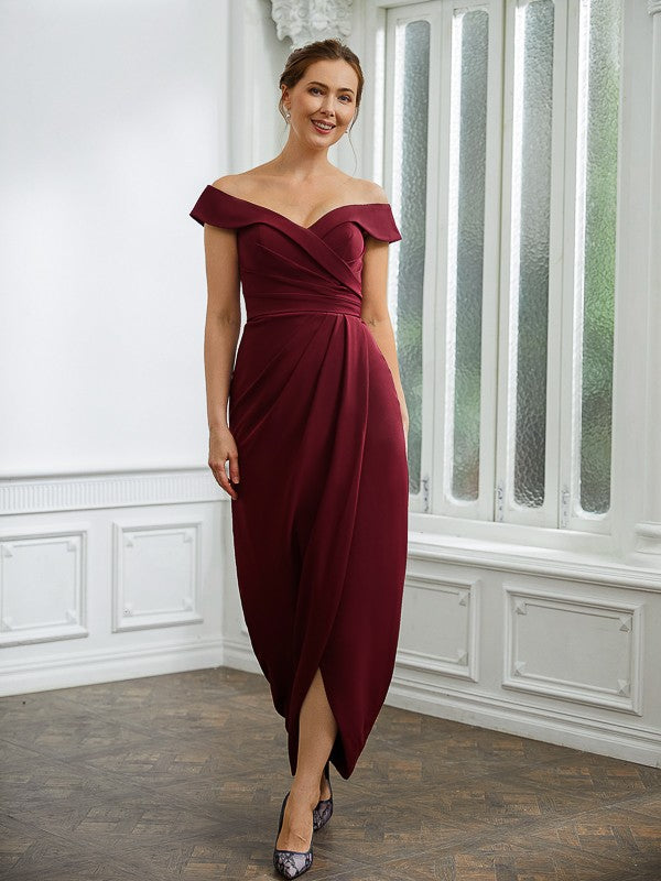 Slim fit straight tube elastic crepe pleated off shoulder sleeveless and ground length bridal mother dress
