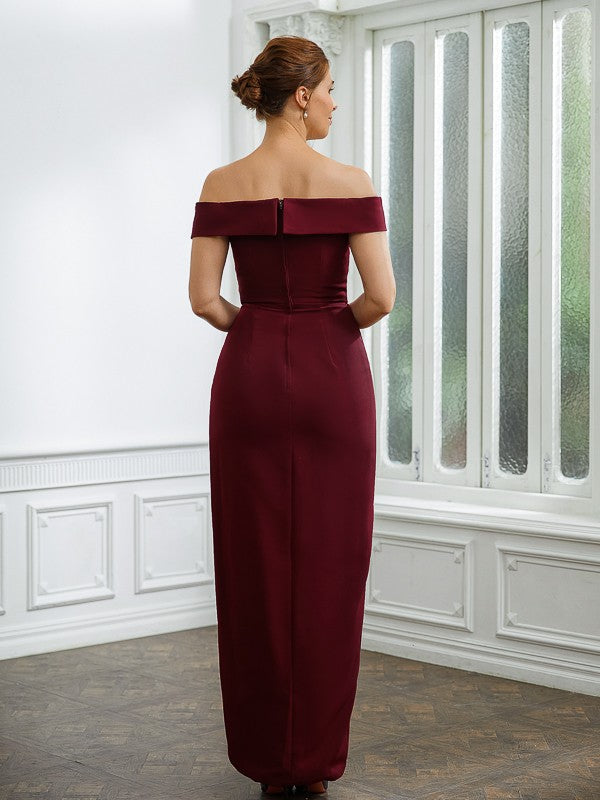 Slim fit straight tube elastic crepe pleated off shoulder sleeveless and ground length bridal mother dress